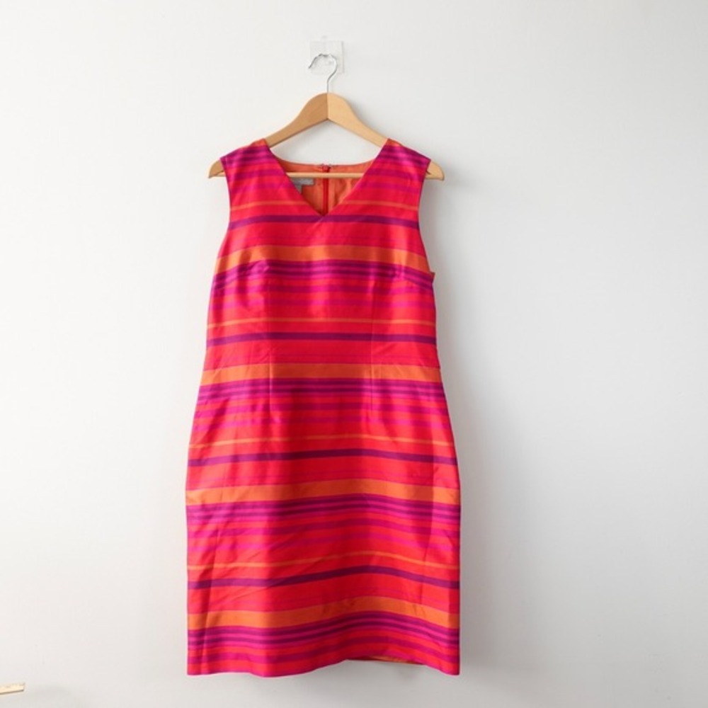 Y2K Tropical Sunset Silk Sheath Dress‎ Womens M 10 Orange Fuchsia Stripe MARCONI